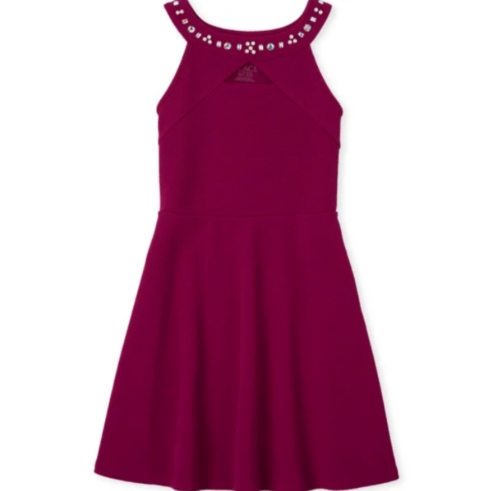 Girls Jeweled Stretch Jacquard Dress